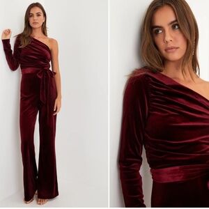 LULU's Wedding Sexy Elegant Classy Chic One Shoulder Long Sleeve Velvet Jumpsuit